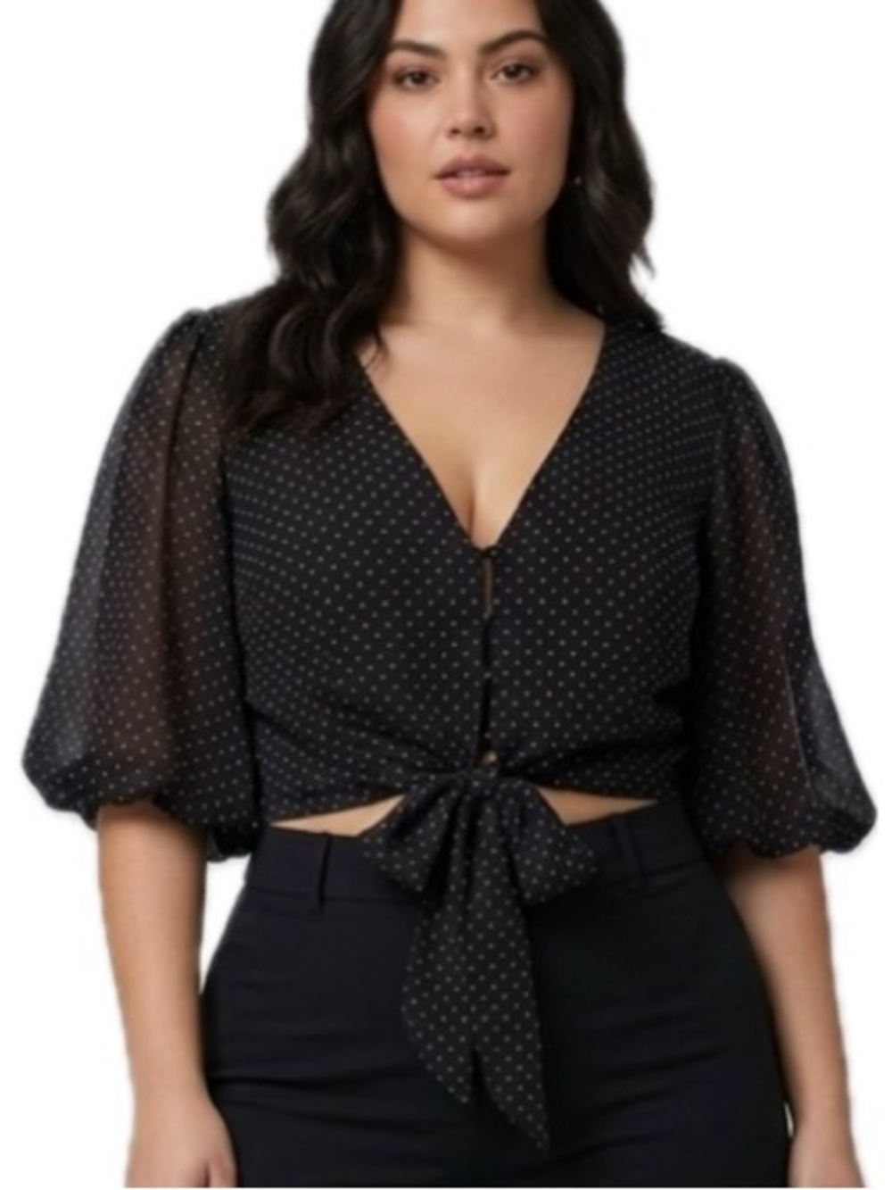 Peach Puff Polka Dot Chiffon Puff Sleeve Blouse Womens Size Large Button Down